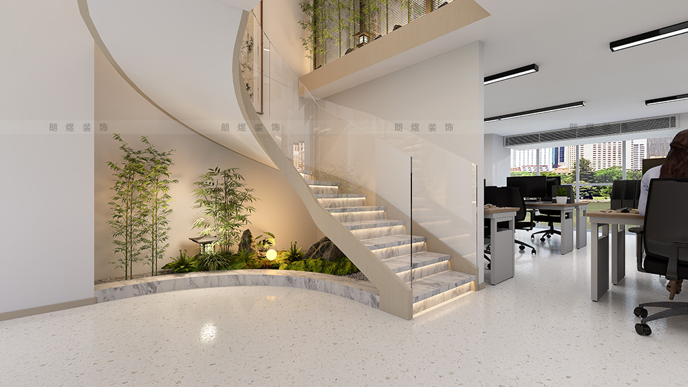 辦公室微景觀弧形造型和旋轉(zhuǎn)樓梯裝修效果圖